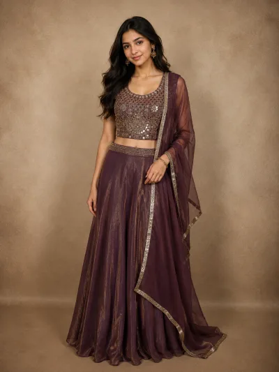Deep Plum Purple Heavy Sequins and Beads Embroidered Design Organza Lehenga with Dupatta